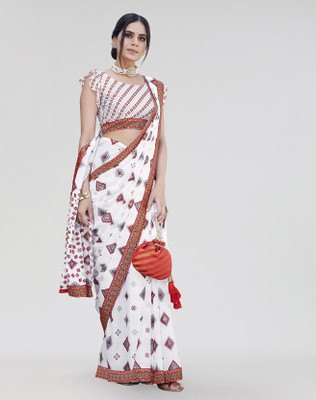 Nirvaan Printed Daily Wear Georgette, Lace Saree(Red, White)