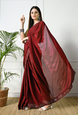 Pionex Solid/Plain Bollywood Chiffon, Silk Blend Saree(Maroon)