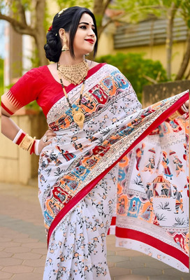 HouseOfCommon Printed Sambalpuri Pure Cotton Saree(White)