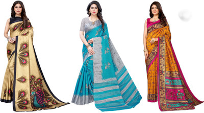 YASHIKA Woven Kasavu Art Silk Saree(Pack of 3, Gold, Grey, Blue, Yellow)