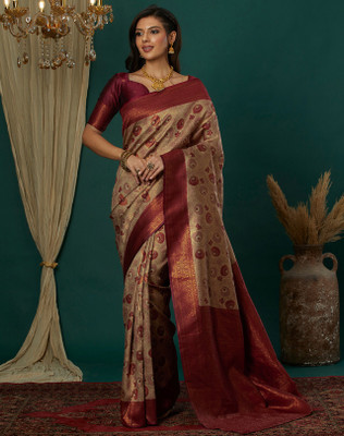 STITCH N SOLUS Woven, Embellished Banarasi Silk Blend, Pure Silk Saree(Beige, Maroon)