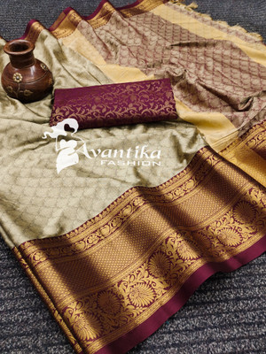 AVANTIKA FASHION Printed, Temple Border, Woven, Embellished, Solid/Plain Banarasi Art Silk, Cotton Silk Saree(Maroon, Cream)