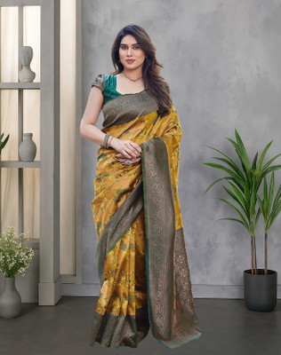 YASHIKA Self Design Kanjivaram Silk Blend Saree(Yellow)