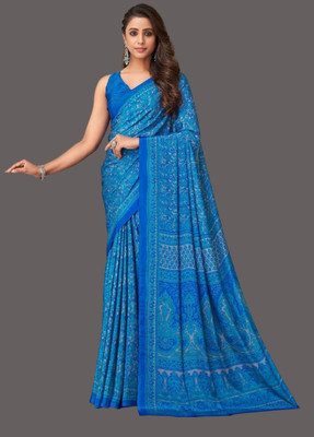 Swarne Floral Print Bollywood Crepe Saree(Blue)