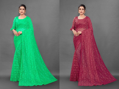 Fashion Field Self Design Bollywood Net Saree(Pack of 2, Green, Maroon)
