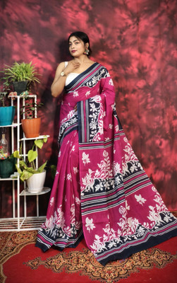 SARATHITEXTILE Color Block Hand Batik Cotton Blend Saree(Pink)