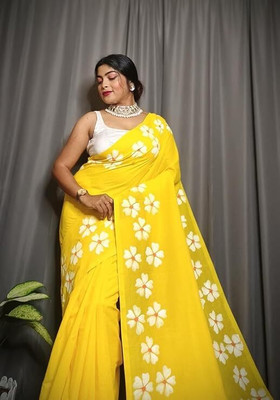 Shubharam Floral Print, Printed Bollywood Linen, Cotton Blend Saree(Yellow)