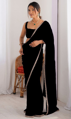 Sataz Solid/Plain Pre Draped Saree Georgette Saree(Black)