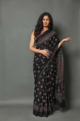 JAIPURI BLOCK PRINT Blocked Printed, Color Block, Dyed, Floral Print, Printed Daily Wear Pure Cotton Saree(Black)