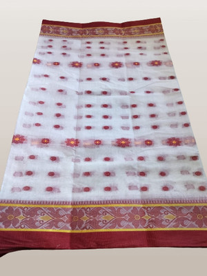Dutta Self Design Tant Pure Cotton Saree(White)