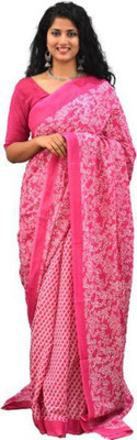 Tropwear Printed Ikkat Pure Cotton Saree(Pink)