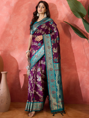 Sangria Self Design Saree with Attached Blouse Silk Blend Saree(Purple)