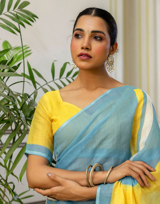 Samah Striped Daily Wear Linen Saree(Blue, Multicolor)