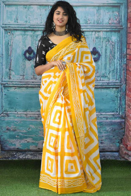 Jaipuri Print Printed, Blocked Printed, Color Block, Dyed, Floral Print Daily Wear Pure Cotton Saree(Yellow)