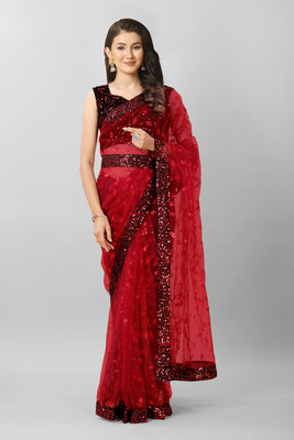 TIRTH CREATION Embroidered Bollywood Net Saree(Maroon)