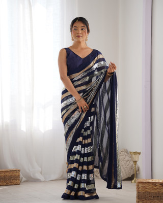 Moda Rapido Striped Bollywood Georgette Saree(Black, Silver)