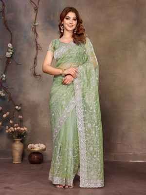 VIJAYAVALLABH Embroidered Bollywood Net Saree(Light Green)