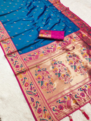 Pandadi Saree Woven Paithani Cotton Silk Saree(Blue)