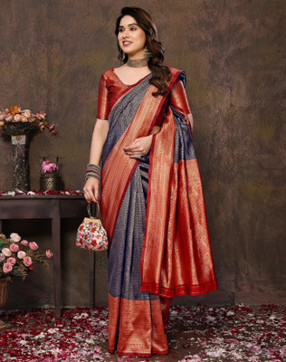 YASHIKA Printed, Self Design Banarasi Cotton Silk, Jacquard Saree(Blue)