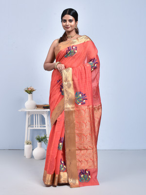 stotra Embroidered Mysore Cotton Blend Saree(Orange)