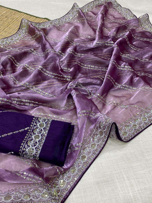 Vinayak Textile Embroidered, Embellished Bollywood Silk Blend, Tissue Saree(Purple)