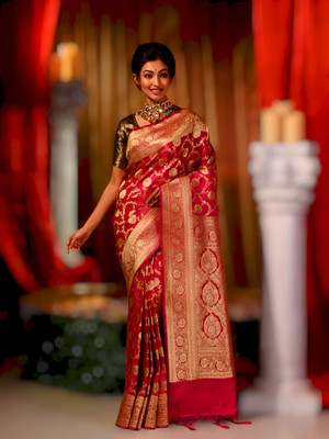 HANDALOOM Woven Banarasi Satin Saree(Red)