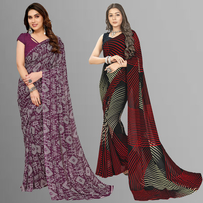 kashvi sarees Floral Print, Polka Print, Ombre, Printed Bollywood Georgette Saree(Pack of 2, Red, Black, Purple)
