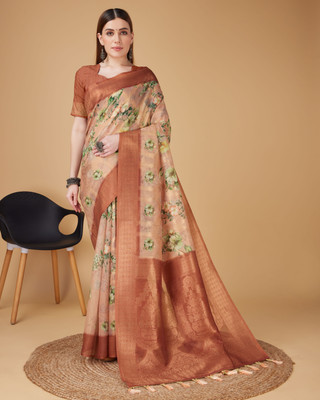 RekhaManiyar Floral Print Bollywood Cotton Silk Saree(Orange)