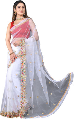 YASHVI Embroidered Bollywood Net Saree(White)