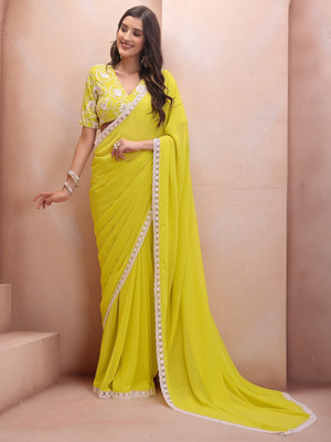 ROOP SUNDARI SAREES Solid/Plain Bollywood Georgette Saree(Yellow)
