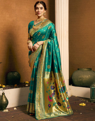 Samah Woven, Embellished Paithani Silk Blend, Jacquard Saree(Green)