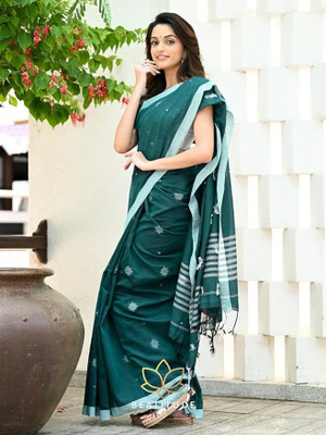 SAPTAK FASHION Self Design Handloom Cotton Linen Saree(Dark Green)