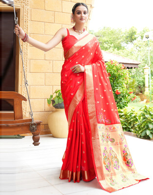 Samah Woven, Embellished, Self Design Paithani Silk Blend Saree(Red, Gold, Multicolor)