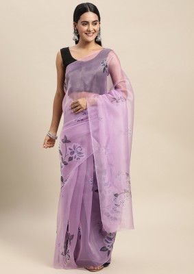 Divastri Floral Print Bollywood Organza Saree(Purple)