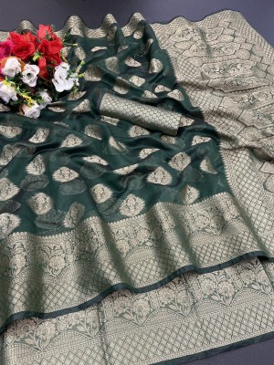 NIYAMI Woven Kanjivaram Jacquard, Organza Saree(Dark Green)