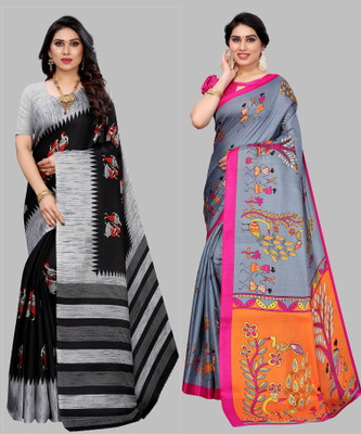 YASHIKA Floral Print, Printed, Self Design Mysore Art Silk Saree(Pack of 2, Black, Grey)