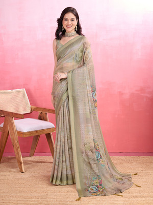 RekhaManiyar Printed Bollywood Crepe Saree(Beige)