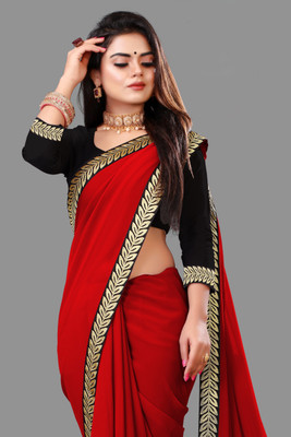 Harbhole Lace Border Self Design, Solid/Plain Bollywood Georgette Saree(Red)