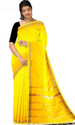 PuJoy Self Design, Solid/Plain Handloom Cotton Blend Saree(Yellow)