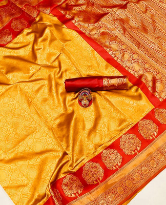 TriveniCreation Woven Banarasi Pure Silk Saree(Yellow)