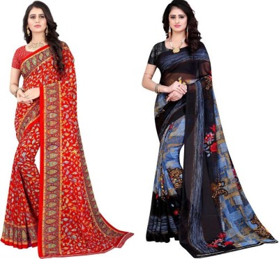 Leelavati Printed Daily Wear Georgette Saree(Pack of 2, Red, Black)