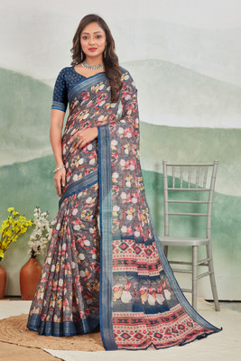 jeravi Digital Print Mysore Cotton Linen Saree(Light Blue)
