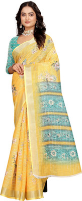 HouseOfCommon Digital Print Kanjivaram Pure Cotton, Cotton Linen Saree(Yellow)