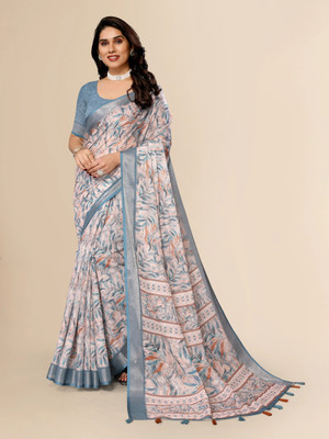 Santro Sarees Floral Print Daily Wear Cotton Linen Saree(Grey)