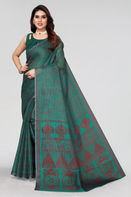 Winza Designer Printed, Floral Print Kota Doria Cotton Blend, Cotton Silk Saree(Green)