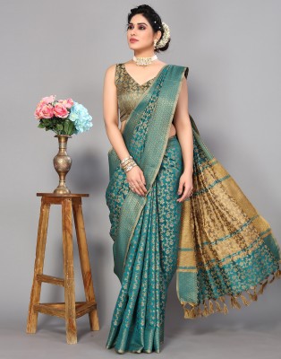 Samah Woven, Embellished, Printed Banarasi Cotton Silk, Silk Blend Saree(Green, Beige)