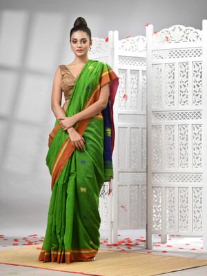 angoshobha Woven Handloom Cotton Blend Saree(Green)