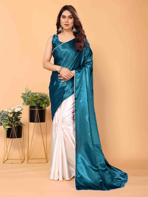 SATVASHIV Solid/Plain Bollywood Satin Saree(Dark Blue)