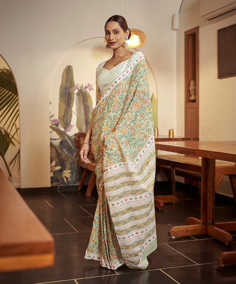 shiv textiles Printed Bollywood Pure Cotton Saree(Cream)