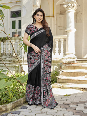 NIRMOHIFASHION Printed Bollywood Chiffon, Satin Saree(Black, White)